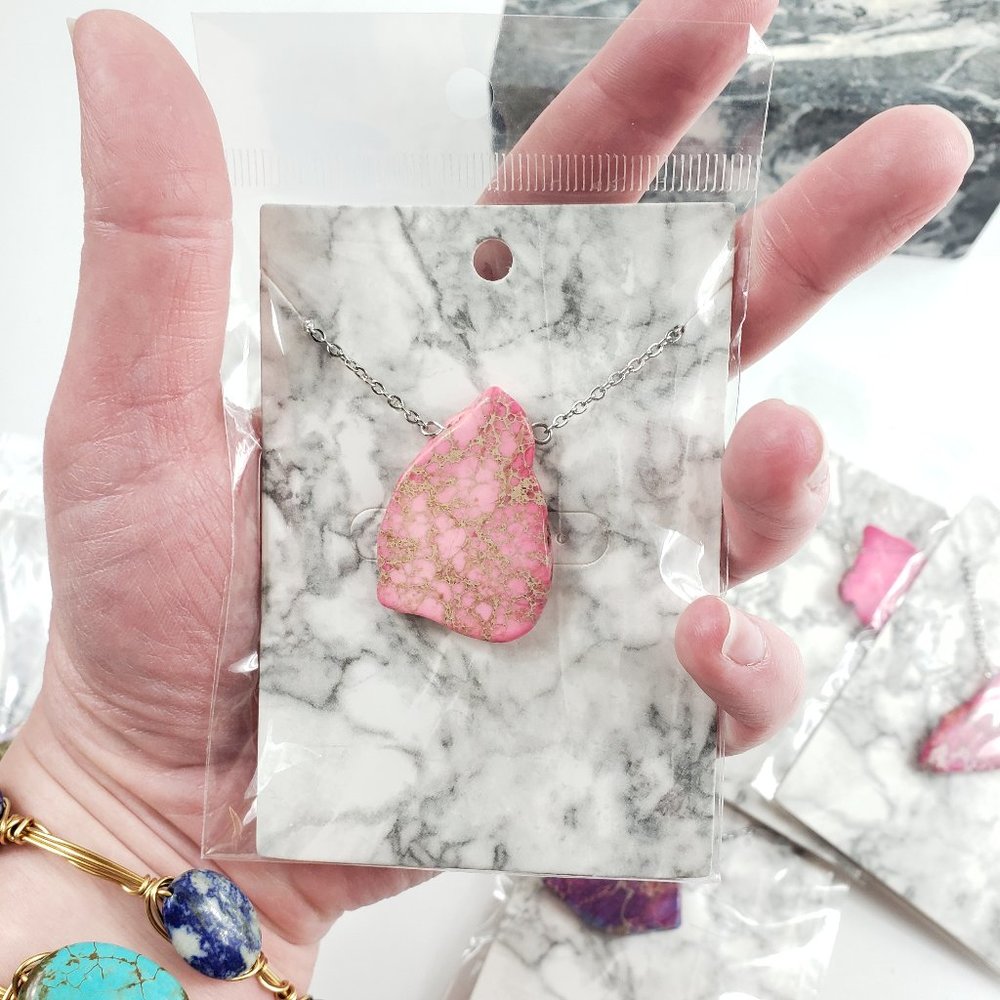 Pink OR Purple Imperial Jasper Gemstone GOLD 19"